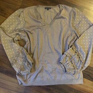 Whimsy Coquette Ruffle Bishop Sleeve V Neck Sweater Blouse Tan White